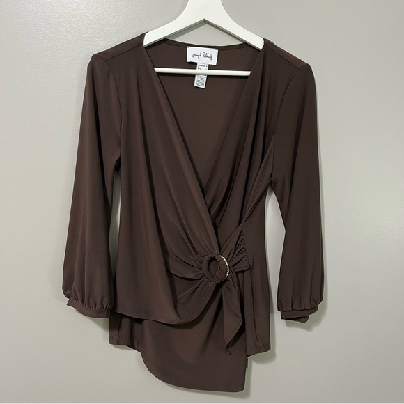 Joseph Ribkoff Wrap Top Style 213349 V Neck Mocha 3/4 Sleeve - Picture 4 of 9